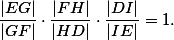 \frac{|EG|}{|GF|} \cdot \frac{|FH|}{|HD|} \cdot \frac{|DI|}{|IE|}=1.