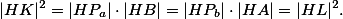 |HK|^2 = |HP_a|\cdot|HB| = |HP_b|\cdot|HA| = |HL|^2.