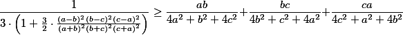 \frac{1}{3 \cdot \left(1 + \frac{3}{2} \cdot \frac{(a - b)^2(b - c)^2(c - a)^2}{(a + b)^2(b + c)^2(c + a)^2} \right)} \geq \frac{ab}{4a^2 + b^2 + 4c^2} + \frac{bc}{4b^2 + c^2 + 4a^2} + \frac{ca}{4c^2 + a^2 + 4b^2}